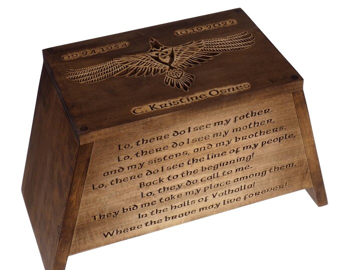 Viking Personalized Wood Urn with Raven, Viking ship, Wooden Memorial Box Carved , Cremation Urns,  Boxes For Burial, Viking, pagan, prayer