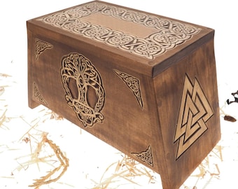 Thor hammer Yggdrasil Wooden Urn For Human Ashes, Wooden Memorial Box, Hand Carved, Keepsake Cremation Urns, Cremation Boxes For Burial