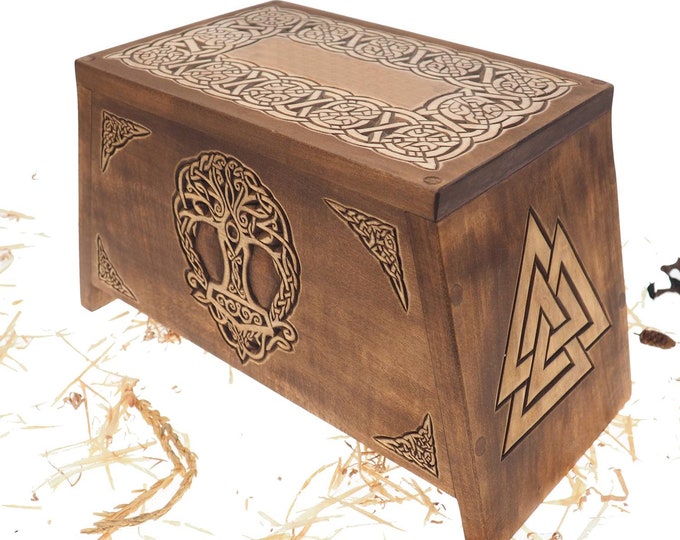 Thor hammer Yggdrasil Wooden Urn For Human Ashes, Wooden Memorial Box, Hand Carved, Keepsake Cremation Urns, Cremation Boxes For Burial