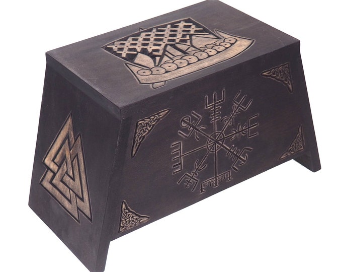 Personalized Wood Urn with Runic Compass Viking ship, Box Hand Carved , cremation,  Burial, pagan