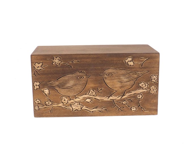 Small Wood Double Urn Personalized For Human Ashes with Bird pattern