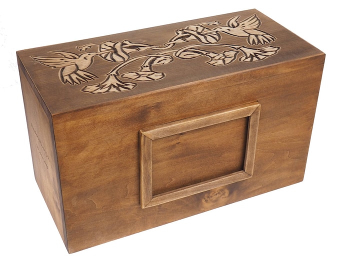 Hummingbird Double  Wood Urn Personalized For Human Ashes, Frame for Photo, hand Carved ,  Cremation