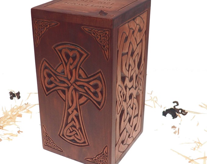 Personalized Tall Wood Cremation Urn Hand Carved Celtic Cross