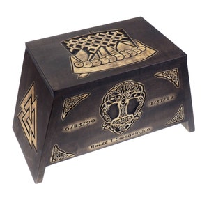 Viking Personalized Wood Urn with Yggdrasil, Viking ship, Wooden Memorial Box Carved , Cremation Urns,  Boxes For Burial, Viking, pagan