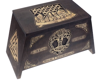 Wikinger Personalisierte Holz Urne mit Yggdrasil, Wikinger Schiff, Gedenkbox geschnitzt, Feuerbestattung Beerdigung Pagan
