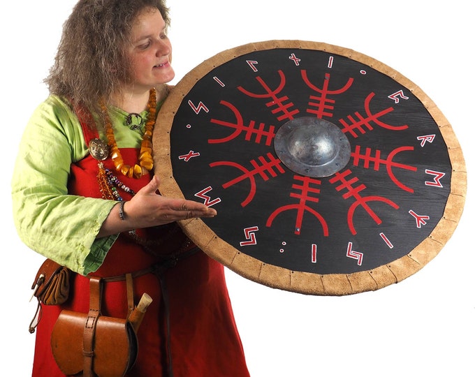Red Aegishjalmur with white runes  Viking Shield, Norseman, Wall decor, Larp reenactment, SCA