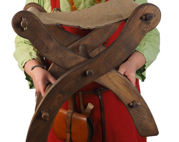 Tiny  Wooden Folding Stool, dark oak , Medieval Viking, Larp, SCA, reenactment, camping, historical bench