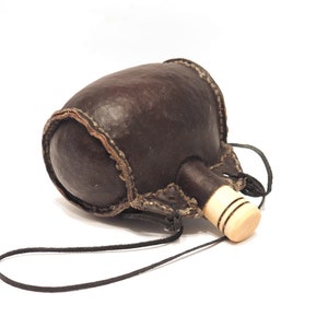 Small hand crafted authentic medieval wine skin with wooden stopper leather flask bladder ALL NATURAL