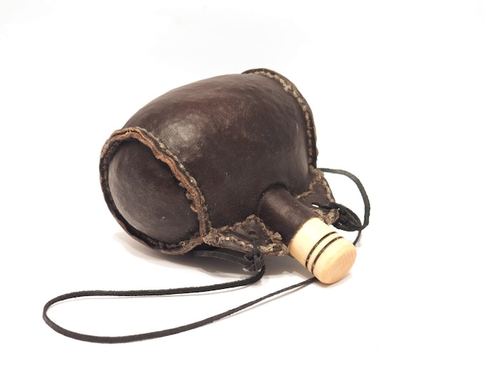 Small hand crafted authentic medieval wine skin with wooden stopper leather flask bladder ALL NATURAL