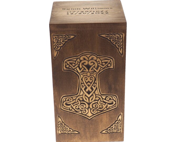 Personalized Wood Urn For Human Ashes,Thor hammer,  Wooden Memorial Box, Carved Keepsake Cremation Urns, Cremation Boxes For Burial