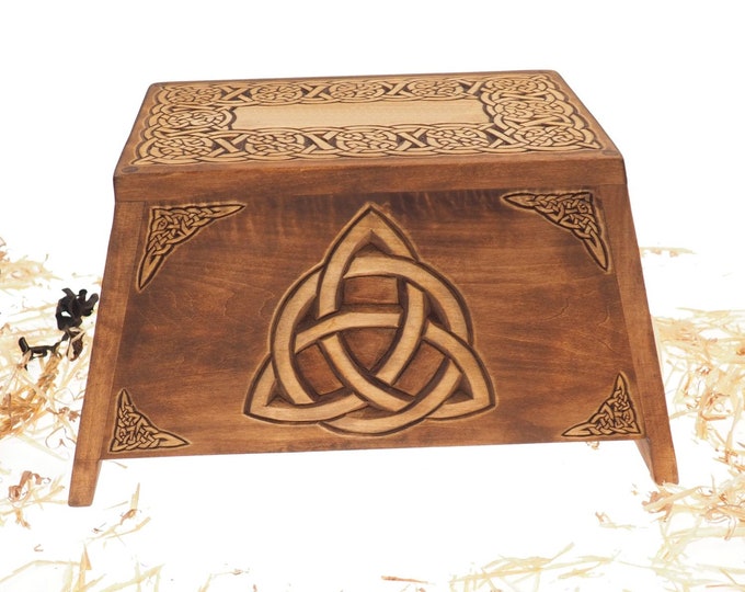 Personalized Wooden Urn For Human Ashes Triquetra pattern Celtic pagan