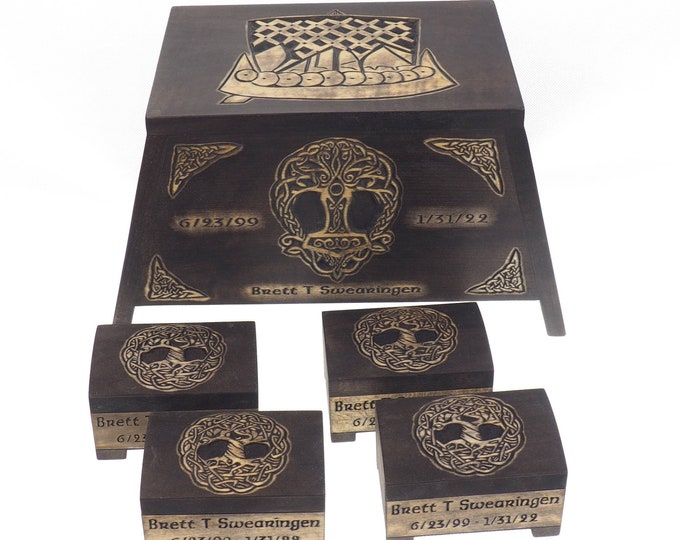 Viking Personalized Wood Urn with Yggdrasil and set of memory boxes, Viking ship, Wooden Memorial Box Carved , Cremation Urns, Viking, pagan