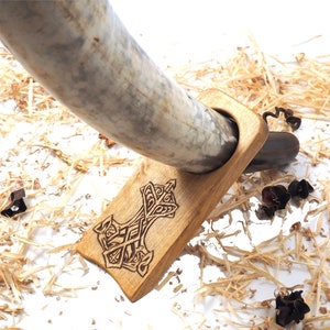 Wood Drinking Horn Holder with Thor Hammer  Hand Carved  . Table top Viking horn holder. Travel drinking horn holder.