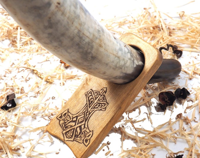 Wood Drinking Horn Holder with Thor Hammer  Hand Carved  . Table top Viking horn holder. Travel drinking horn holder.