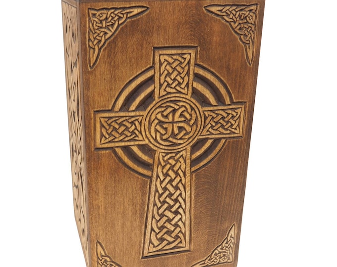 Personalized Wood Urn with Celtic Cross Medieval Viking style