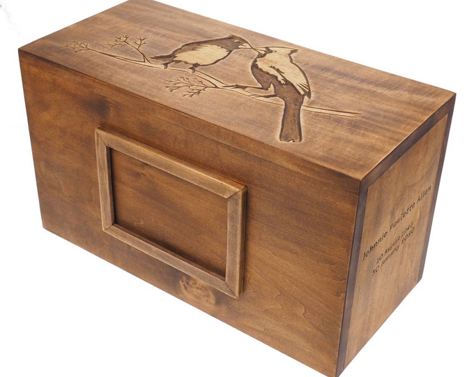 Hand carved Double Wood Urn with Photo Frame and bird pattern Personalized Cremation Box