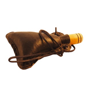 Dark Leather Small hand crafted authentic medieval wine skin with wooden stopper leather flask bladder ALL NATURAL