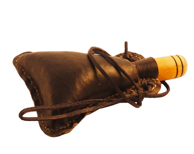 Dark Leather Small hand crafted authentic medieval wine skin with wooden stopper leather flask bladder ALL NATURAL