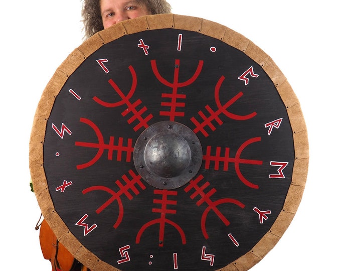 Aegishjalmur (RED) with runes (White) Viking Shield Pattern, Norsman shield, Wall decor, Larp and reenactment, SCA ready, black shield