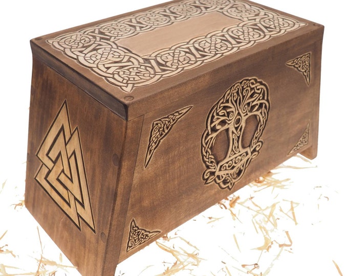 Personalised  Wooden Urn With Thor hammer Yggdrasil, Human Ashes Memorial Hand Carved  Keepsake Cremation
