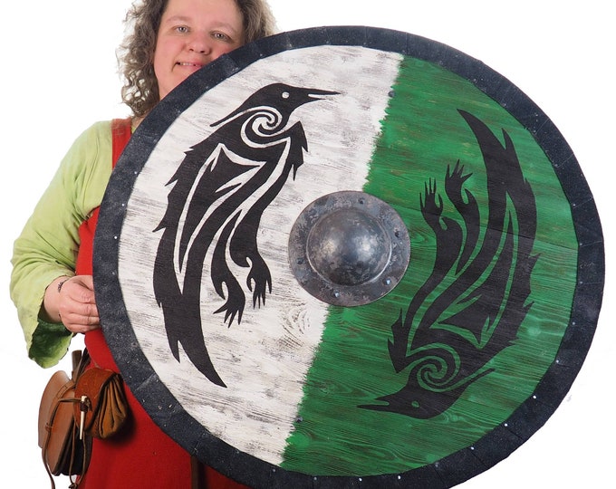 Double Ravens Personalized Viking Shield Green, Norsman shield, Wall decor, Larp and reenactment, SCA ready, black shield, Valhalla pattern