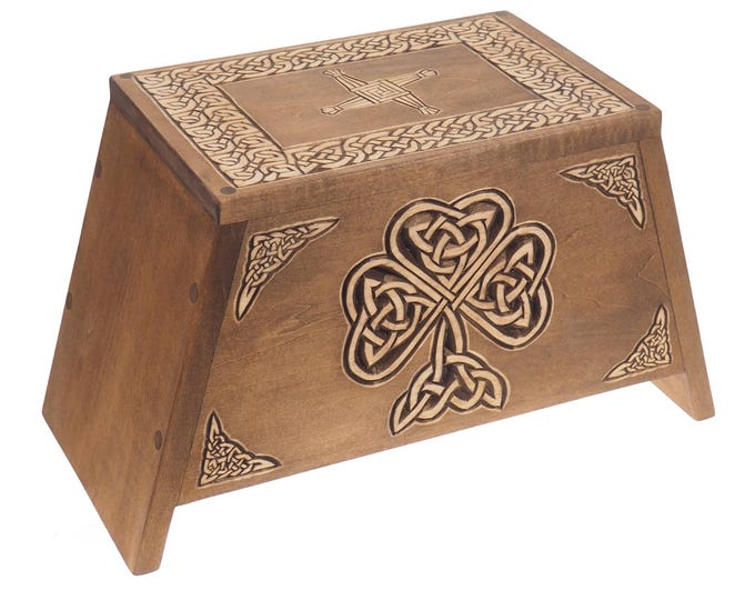 Shamrock Wooden Urn For Ashes, Cross of St. Brigid, Hand-Carved, Keepsake, Cremation Burial, Celtic