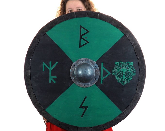 Personalized runic Viking Shield with Thor mask, Norsman shield, Wall decor, Larp and reenactment, SCA ready, black shield, Valhalla pattern