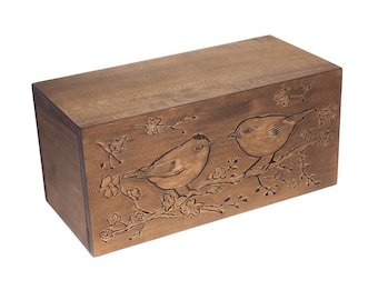 Urna funeraria doppia in legno personalizzata per ceneri umane, motivo a uccello, commemorativa intagliata a mano, ricordo per cremazione e sepoltura