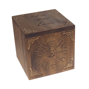 Square Personalized Wood Urn, Vegvisir, For Human Ashes, Wooden Memorial Box, Carved Keepsake Cremation Urns, Medieval Viking style