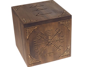 Quadratische personalisierte Holzurne, Vegvisir, Für menschliche Asche, Gedenkstätte, geschnitztes Andenken, Feuerbestattung, mittelalterlicher Wikinger