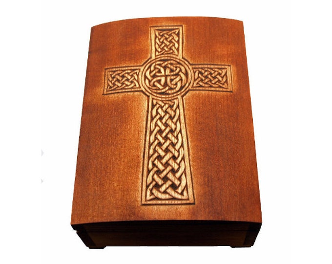 wooden historical jewelry box with "isle of man" celtic cross pattern