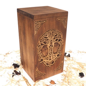 Personalized Wood Urn For Human Ashes,Thor hammer motive, Wooden Memorial Box, Carved Keepsake Cremation Urns, Cremation Boxes For Burial