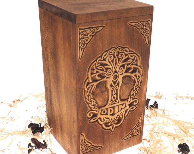 Personalized Wood Urn For Human Ashes,Thor hammer motive, Wooden Memorial Box, Carved Keepsake Cremation Urns, Cremation Boxes For Burial