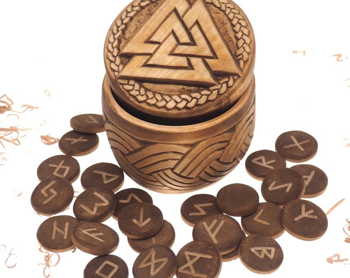 Viking Rune Set in hand carved Box with Valknut Norse Runes Elder Futhark Runes Asatru Runes Divination Runes Runes box viking