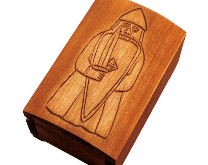 Wooden historical jewelry box with berserker of Lewis chesmenn