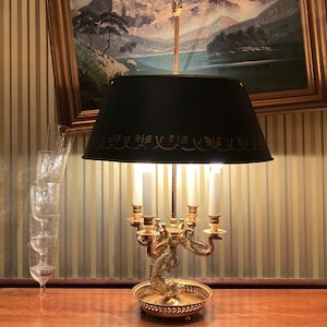 French Empire Style Bouillotte Swan and Dolphin Motif Table Lamp with Original Adjustable Metal Tole Shade