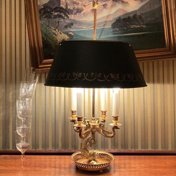 French Empire Style Bouillotte Swan and Dolphin Motif Table Lamp with Original Adjustable Metal Tole Shade