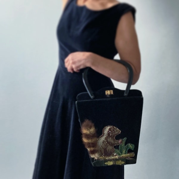Jolles Original Elegant Black Velvet Beaded Squirrel Design Luxury Handbag