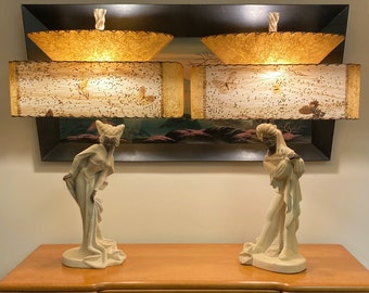 Reglor of California Mid Century Blackamoor Style Chalkware Lamp Pair with Two-Tier Parchment and Plastic Shades with Painted Butterflies