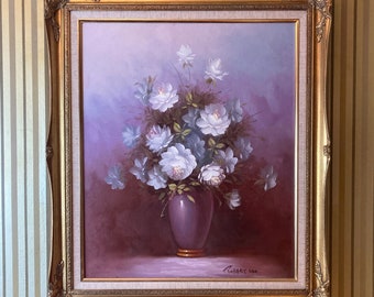 Robert Cox American 1934 2001 Signed Still Life Floral Original Oil Painting on Canvas in Original Frame