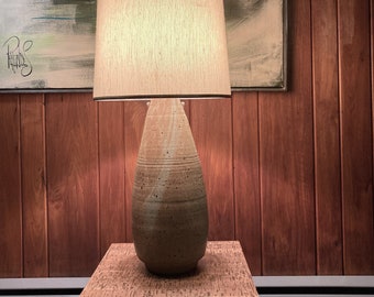 Stoneware Studio Pottery Ceramic Bullet Shape Table Lamp with Subtle Ribbed Surface and Striated Glaze without Shade
