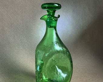 Blenko Glass 49 Three Sided Pinched Grass Green Crackle Decanter
