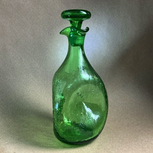 Blenko Glass 49 Three Sided Pinched Grass Green Crackle Decanter with Stopper