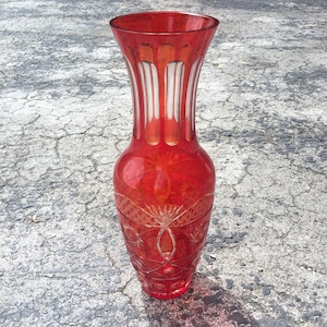 German Style Bohemian Large Ruby Red Cut Crystal Vase