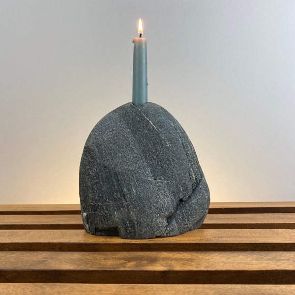 Patrick C. Signed Large Smooth and Heavy Igneous Rock Candle Stick Holder