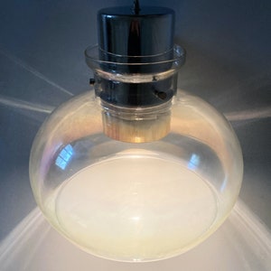 Italian Style Large Space Age Chrome and Opalescent Glass Pendant Light with Frosted Concave Base
