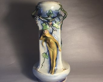 Ernst Wahliss Depose Turn Wien Austria Porcelain Pan and Syrinx Handled Vase