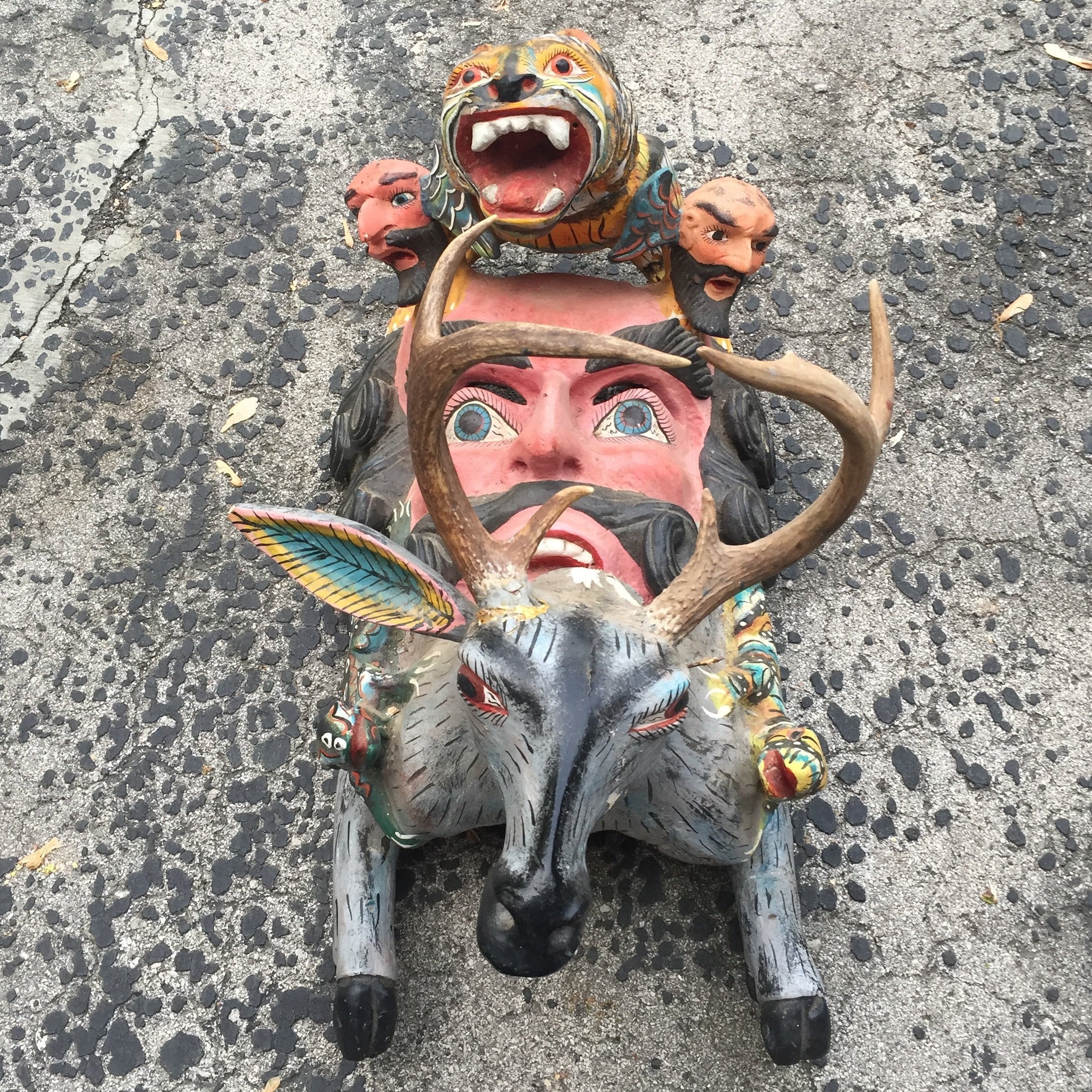 Mexican Folk Art Guerrero Style Large Vintage Hand Carved Wood and Painted Deities Jaguar/Deer Dance Mask