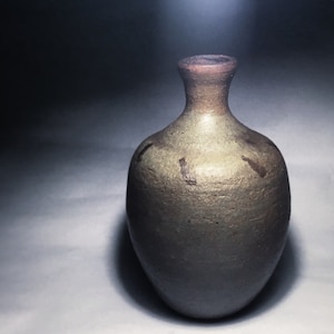 Puede incluir: Un pequeño jarrón de cerámica verde con un borde marrón y una superficie texturizada. El jarrón tiene un cuerpo redondeado y un cuello estrecho.