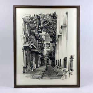 Dibujo original con marcador sobre papel, firmado y fechado por Paul De La Fille, enmarcado bajo vidrio, letrero del Cabildo del Barrio Francés de Nueva Orleans
